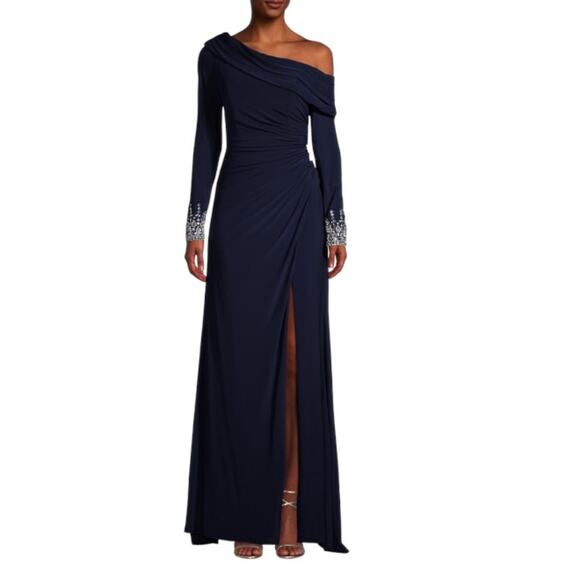 Mac Duggal Long Sleeve Navy Blue Leg Slit Gown Size 12 NWT - Picture 7 of 10